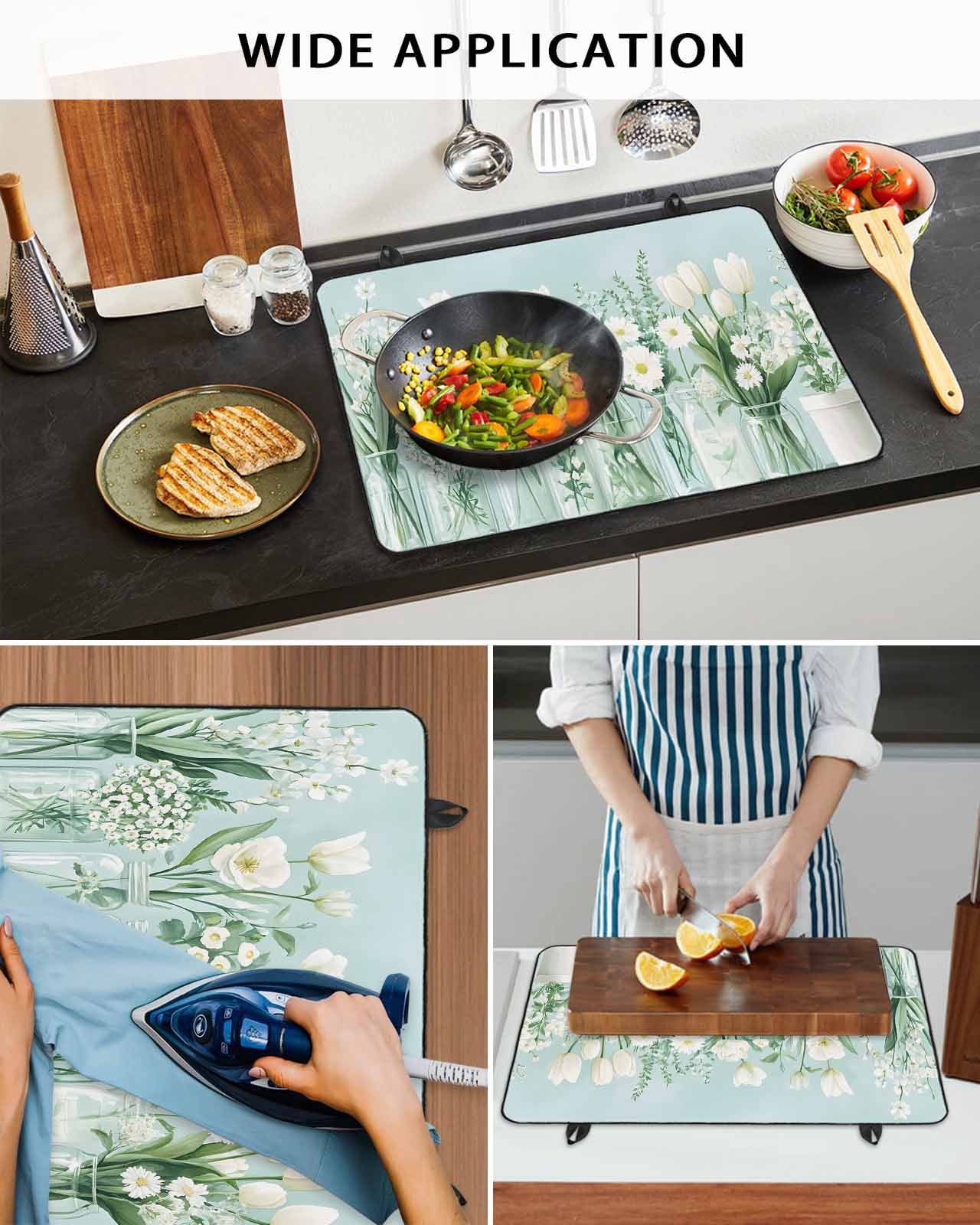 nqOlkjepod Large Induction Cooktop Protector Mat 36"x21", Spring Floral Stove Top Covers for Electric Stove, Summer Daisy Tulip Flowers Teal White Stove Burner Cover Mats, Glass Top Stove Cover