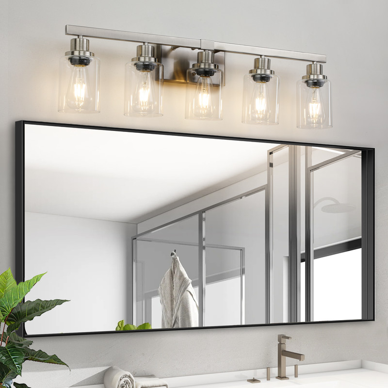 31" Modern 5-Light Bathroom Vanity Light with Clear Glass Shades, Brushed Nickel Wall Fixture for Mirror, Dressing Room, or Sink Area (Bulbs Not Included)