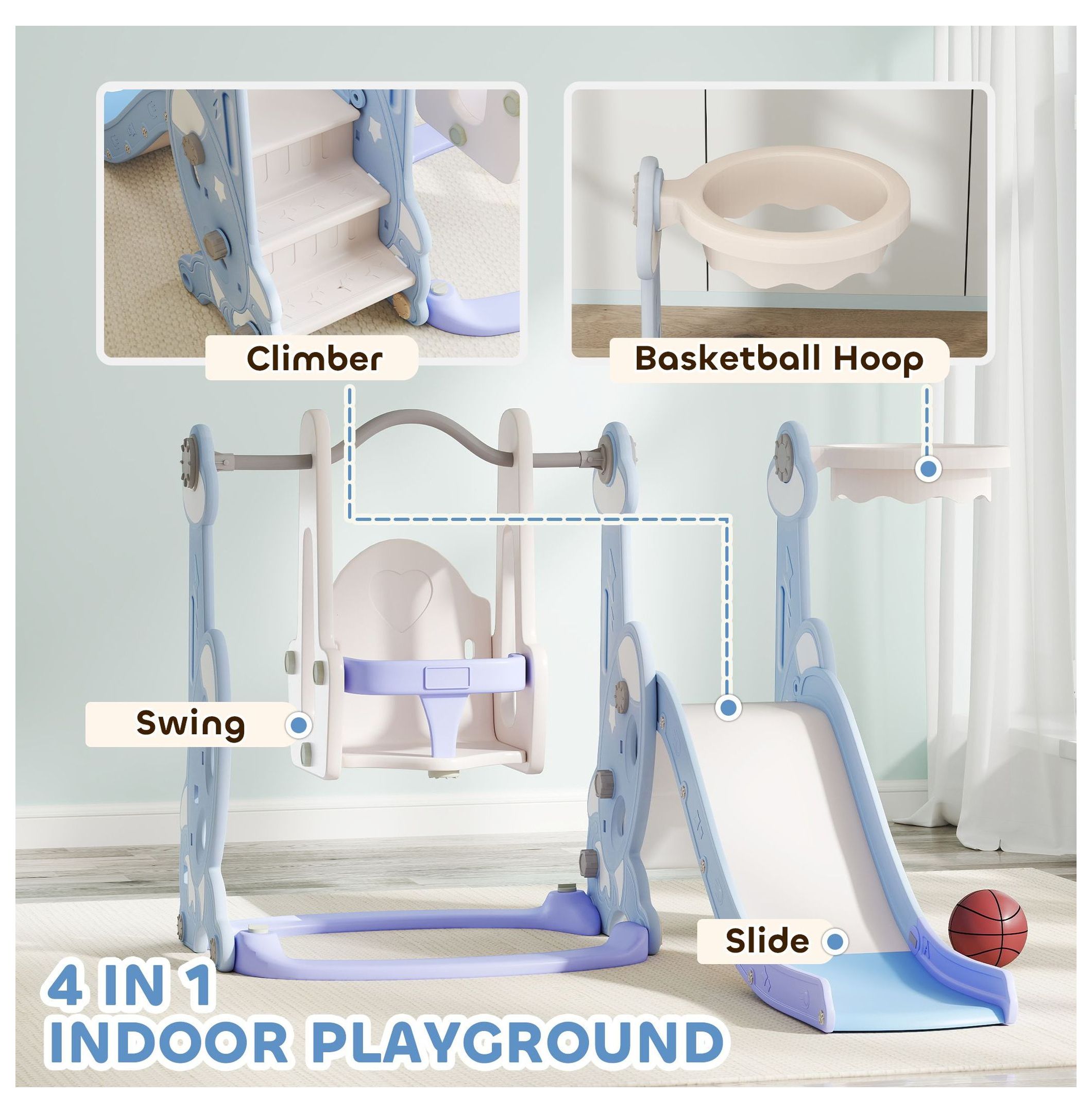 Toddler 4-in-1 Swing Set & Slide - Indoor Playground for 1.5-4 Year Olds - Light Blue - Rocket Design with Climber & Basketball Hoop
