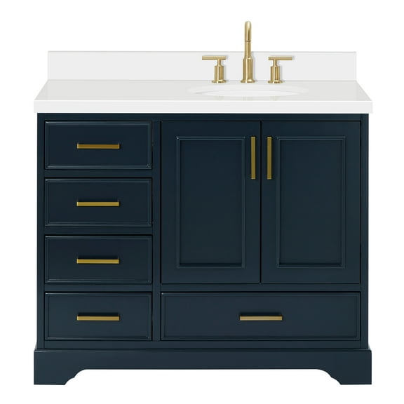Ariel Stafford 43 Inch Single Right Offset Oval Sink Vanity With White Quartz Countertop W/1.5" Edge In Midnight Blue