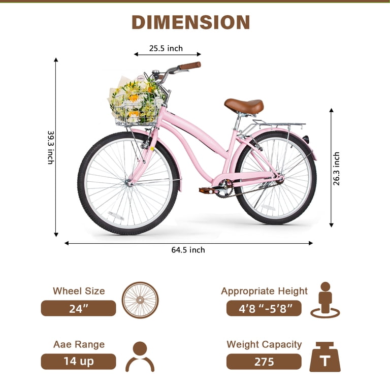 Hykolity 24" Adult Cruiser Bike, Single-Speed Pink photo 7