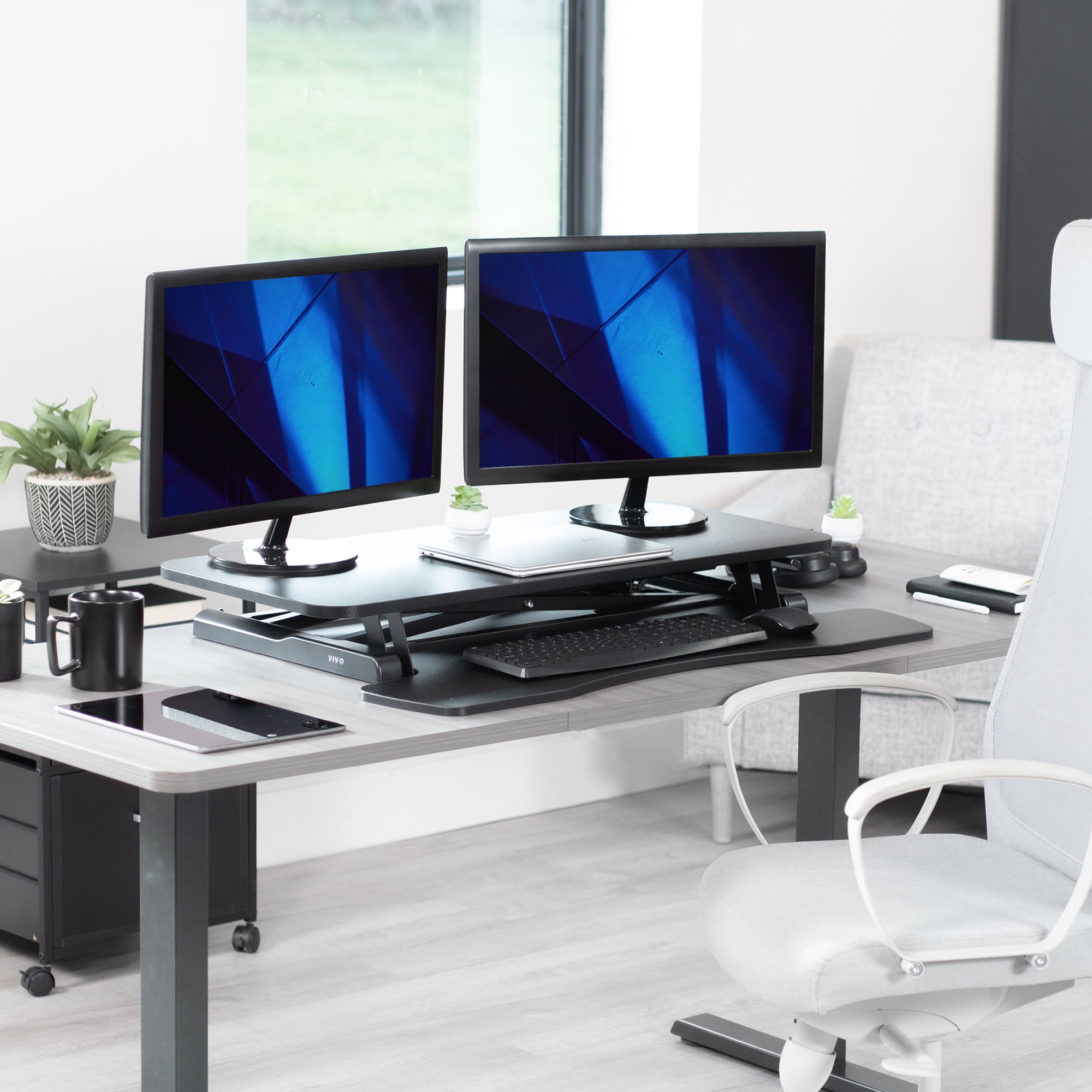 VIVO Black Height Adjustable 36" Standing Desk Monitor Riser, Sit Stand Tabletop