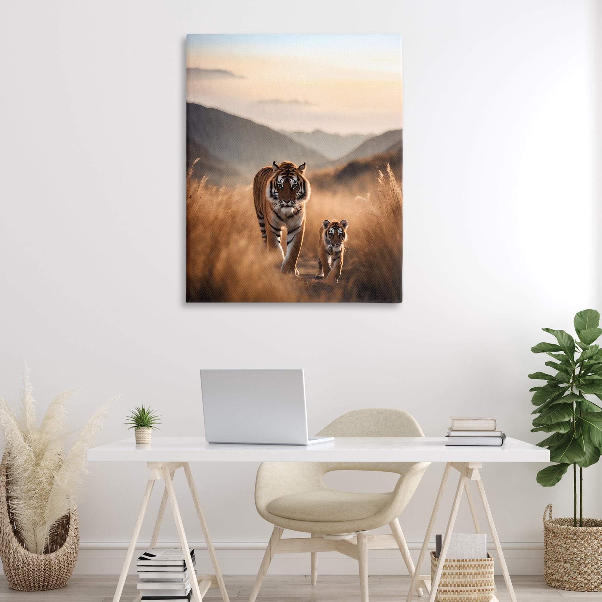 Stupell Industries Tiger & Cub on Savanna Animals Painting Wrapped Canvas Art Print Wall Art, 36 x 48