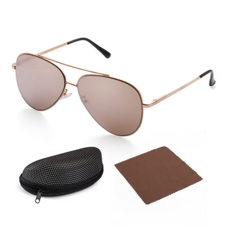 - Aviator Sunglasses for Men with Case, Flat Brown Mirrored 61mm Shatterproof Lens, Gold Metal Frame, UV400 Protection,Spring Loaded Hinges