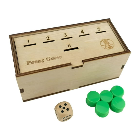 BESTSKY Penny Game Set Includes Wood Game Box   1 Wood Dice   50 Green Plastic Chips,Coin Game Wood Box for 2-6 Players,Simple   Strategic Dice Games