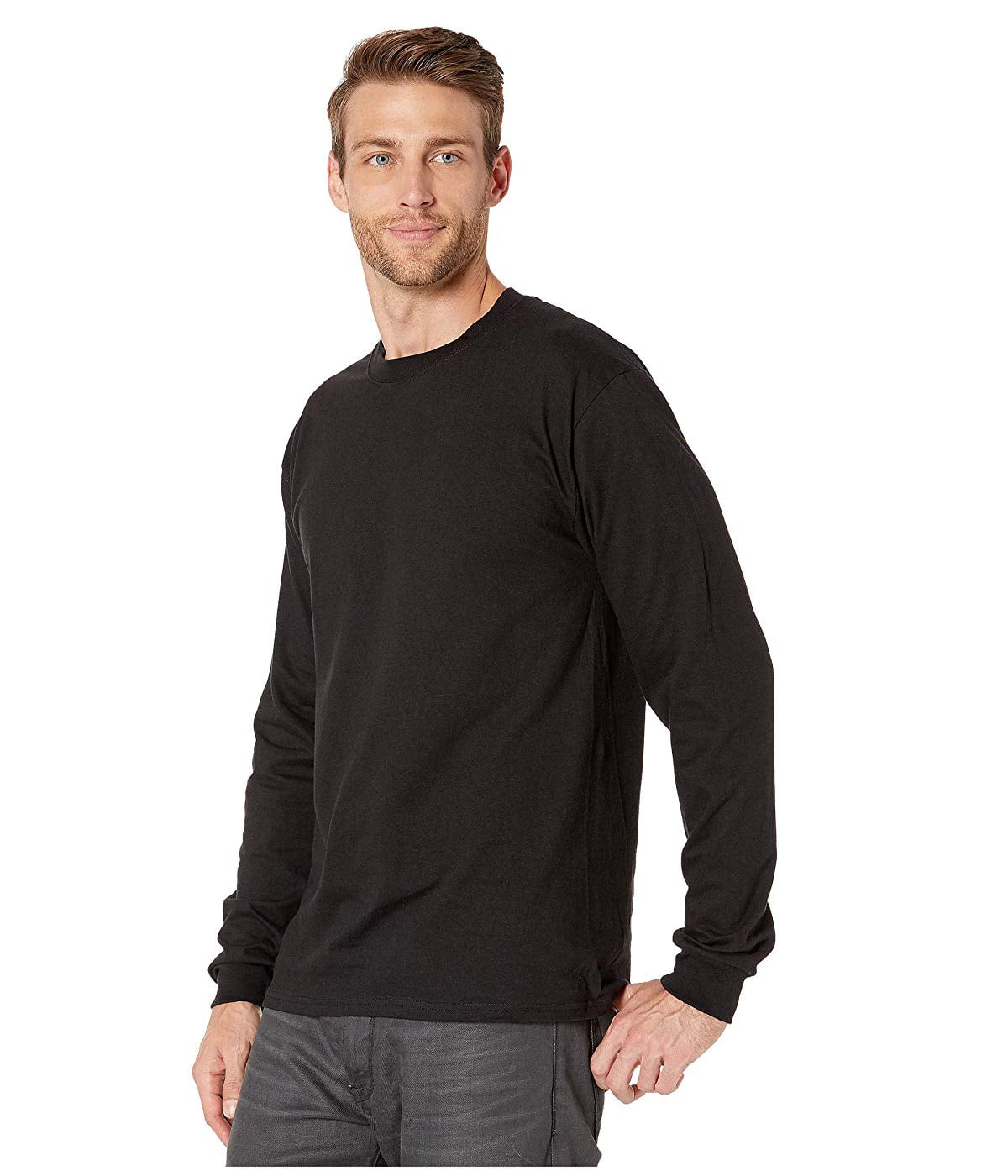 Hanes Beefy-T Crew Neck Long Sleeve T-Shirt Black - Walmart.com ...