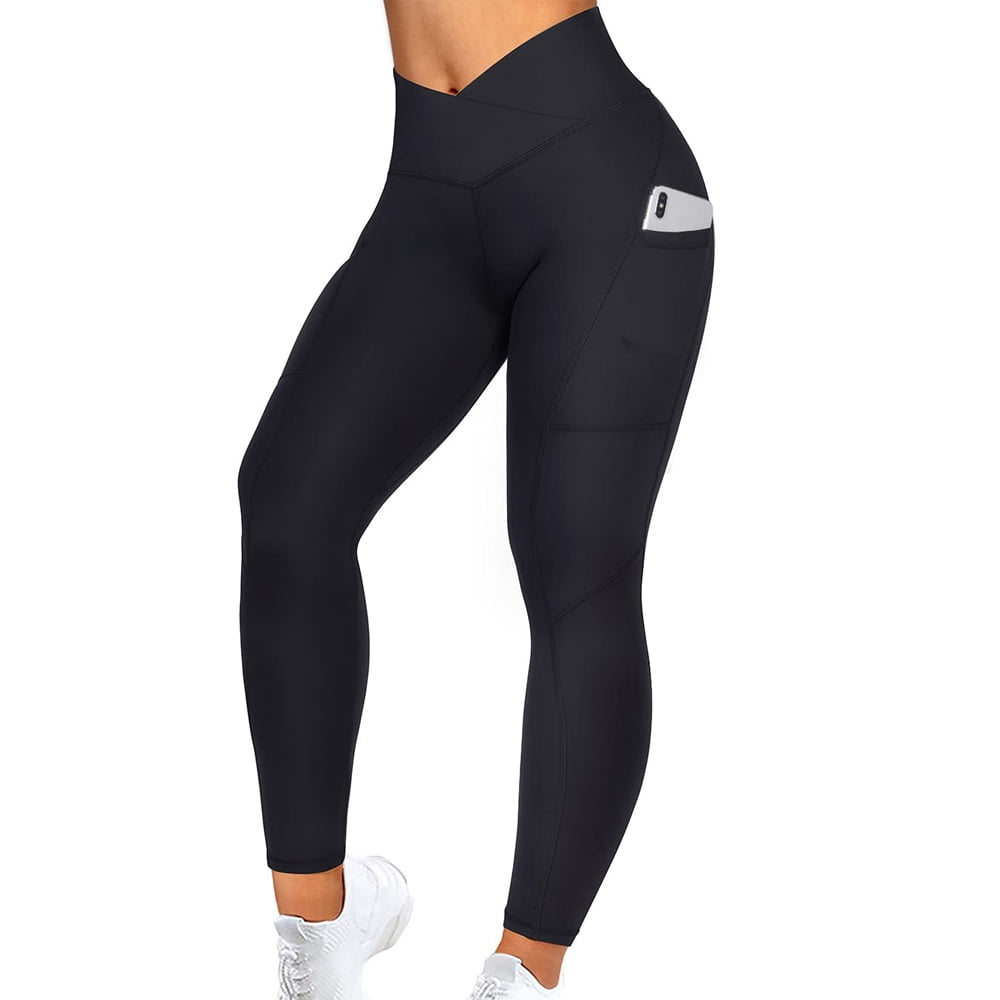 Ilfioreemio Women V Cross Waist Butt Lifting Leggings with Pockets High