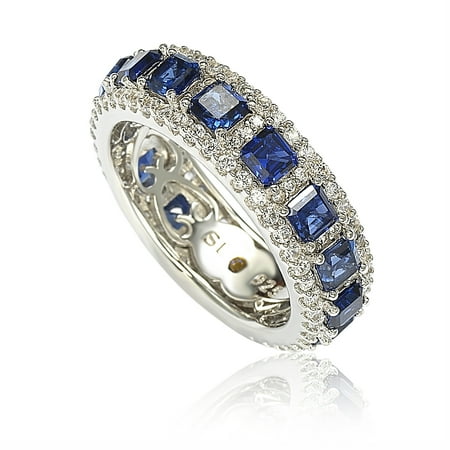 Sapphire Silver Eternity Bands - Sterling Silver Sapphire and Diamond Accesnt Modern Eternity Band