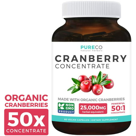 Pure Co Organic Cranberry Pills - 50:1 Concentrate Equals 25,000mg of Fresh Cranberries for Kidney Cleanse - UTI Vitamins Support - Fruit Extract Supplement - 60 Vegan (Best Cranberry Supplement For Uti)