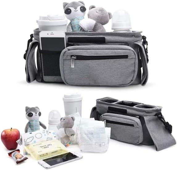 Universal Stroller Organizer with Insulated Cup Holder, Detachable Phone Bag, Shoulder Strap – Fits All Stroller Types, Keeps Drinks Hot/Cold