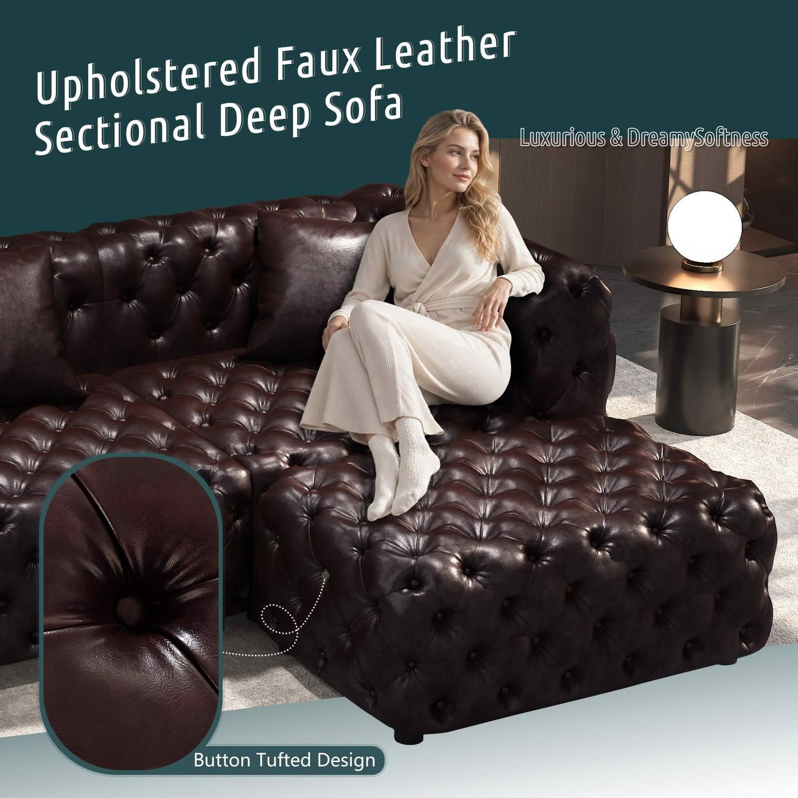 MAYEERTY 105.7 Inch Faux‑Leather 3‑Seat Modular Sofa Set, Handcrafted Button Tufted Couch with 2 Ottomans & 3 Pillows for Living Room & Small Apartment