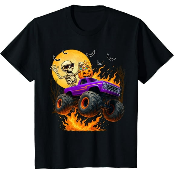 Spooky Skeleton Riding Monster Truck Halloween Costumes Boy T-Shirt