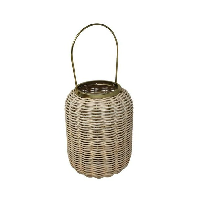 Benzara BM190568 Iron & Rattan Lantern with Weaving Pattern, Gold & Beige - Small