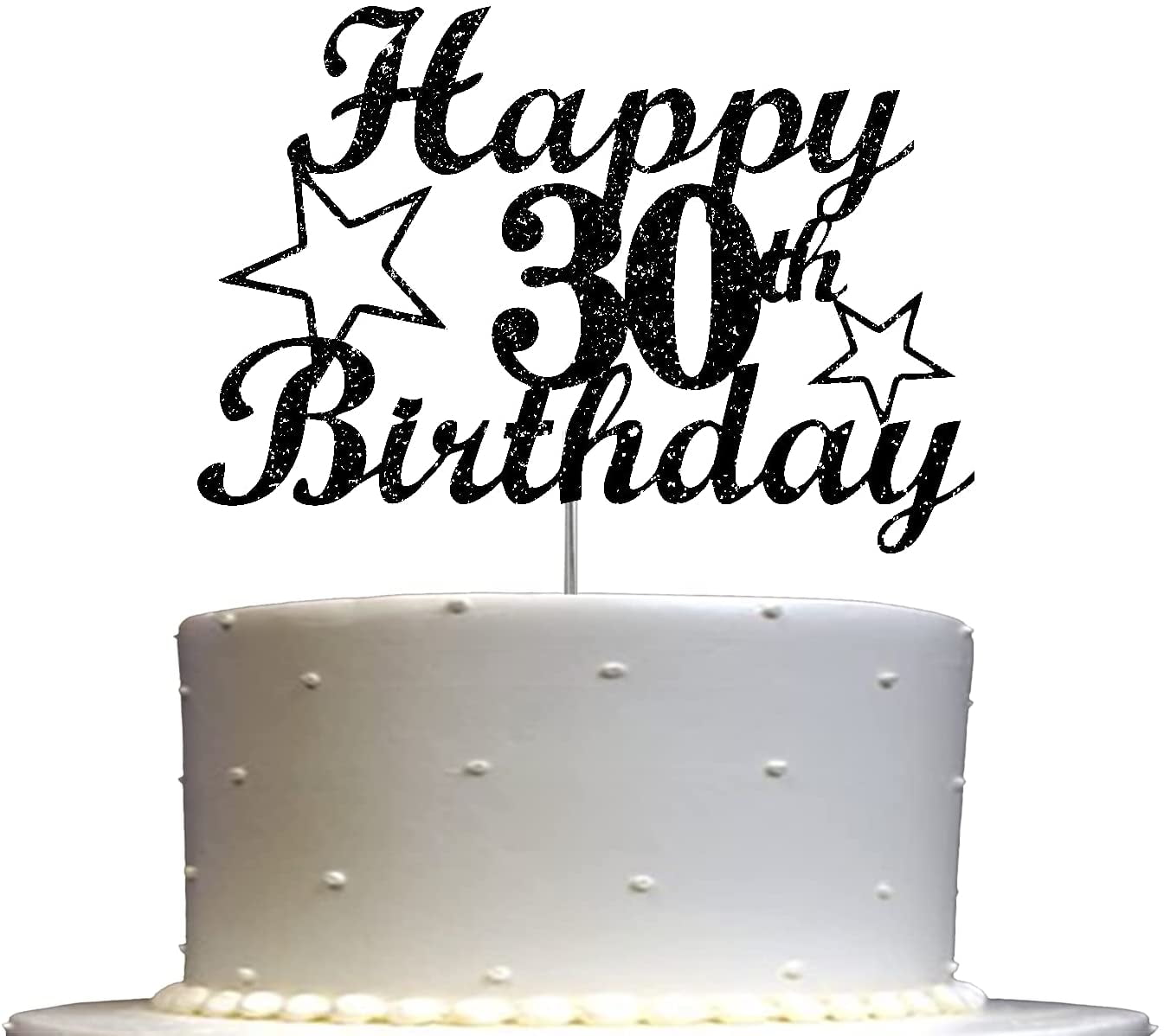 30 Birthday Black Glitter Cake Topper, 30th Party Decoration Ideas, Sturdy Doubled Sided Glitter, Acrylic Stick. Made in USA
