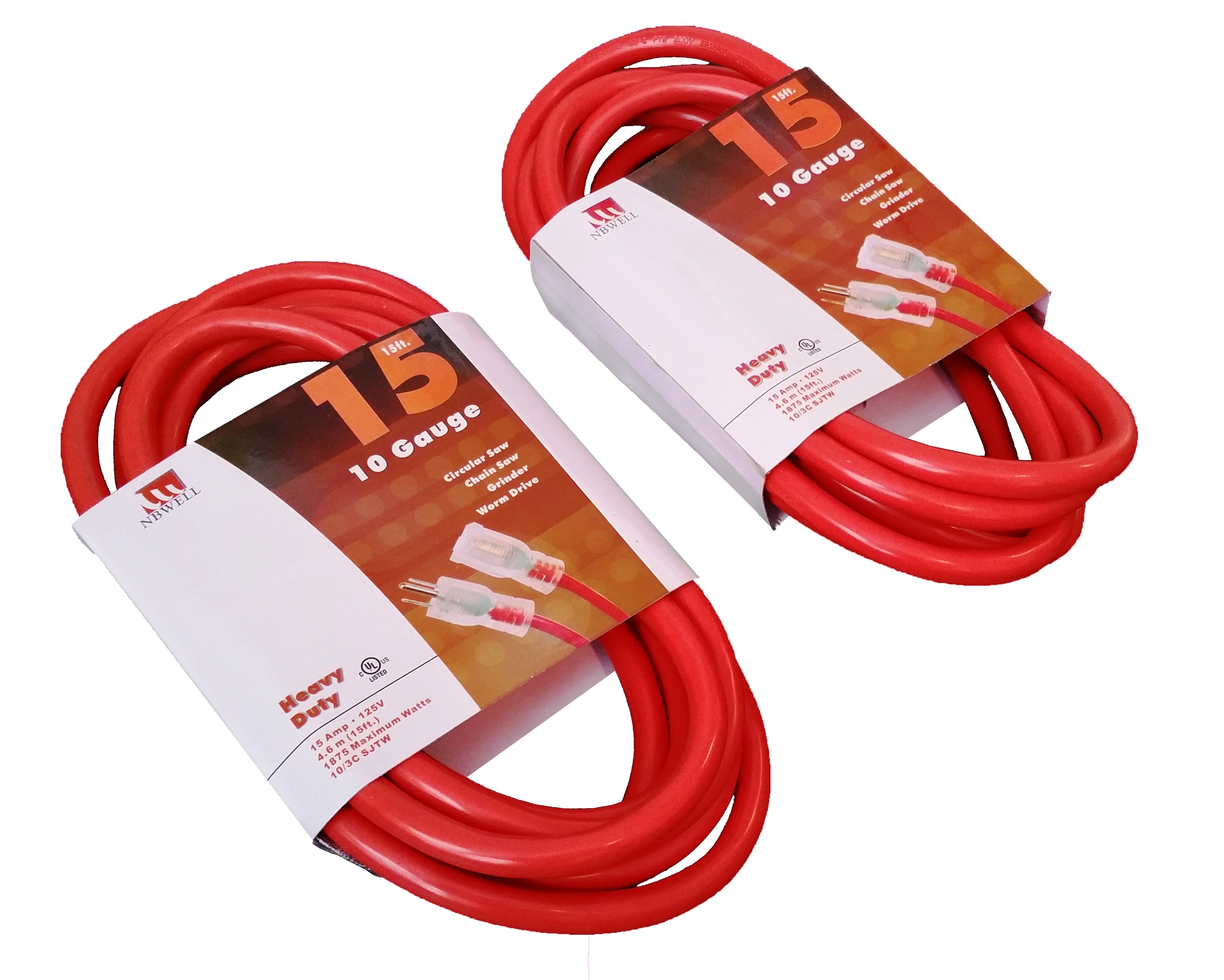 2 Pack 15Ft 10 Gauge Extension Cord Indoor/Outdoor Lit Ends UL Orange