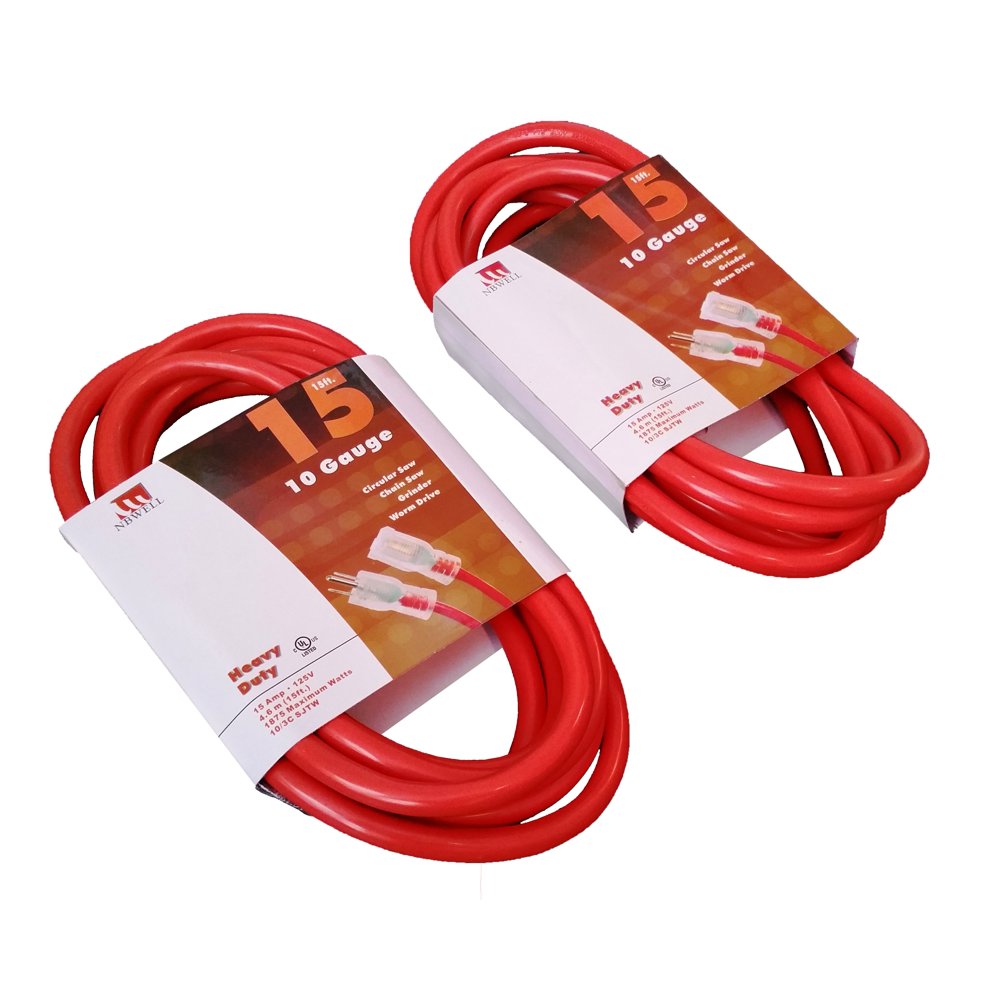 2 Pack 15Ft 10 Gauge Extension Cord Indoor/Outdoor Lit Ends UL Orange
