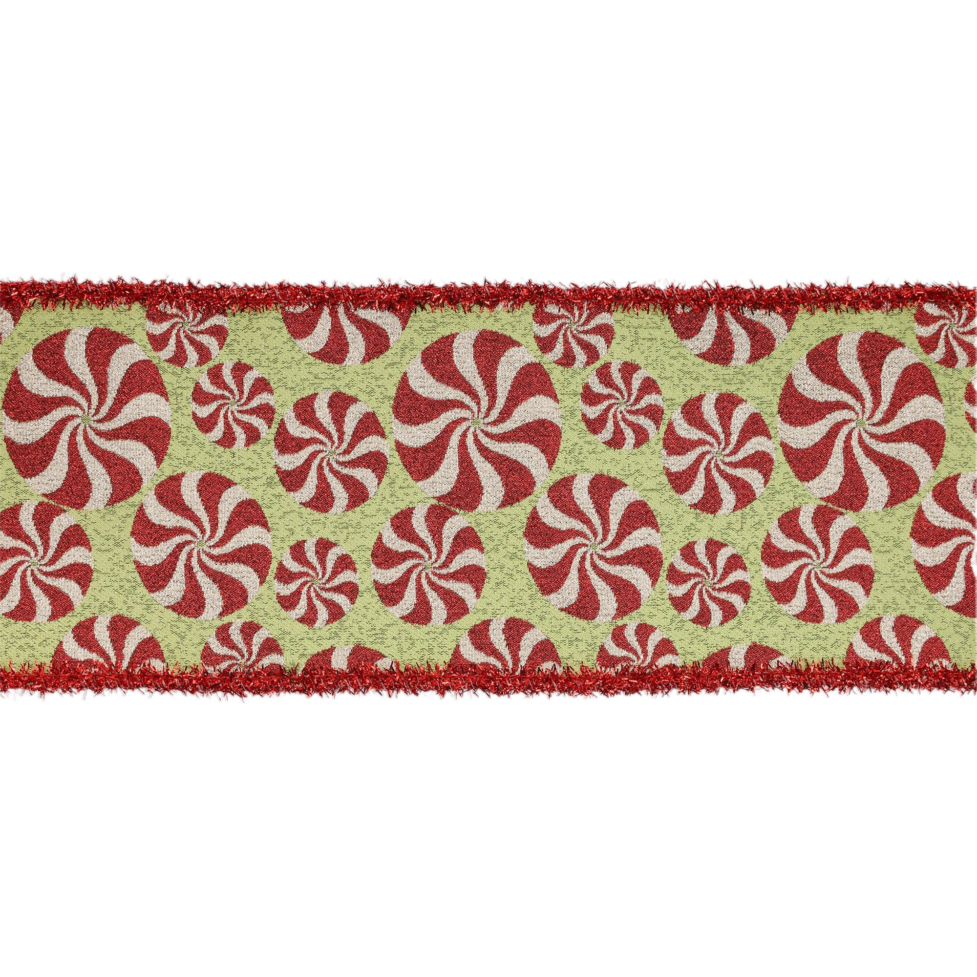 LaRibbons 4" Wired Jacquard Ribbon, Peppermint on Apple Green w/ Tinsel Edge, 5 Yard Roll