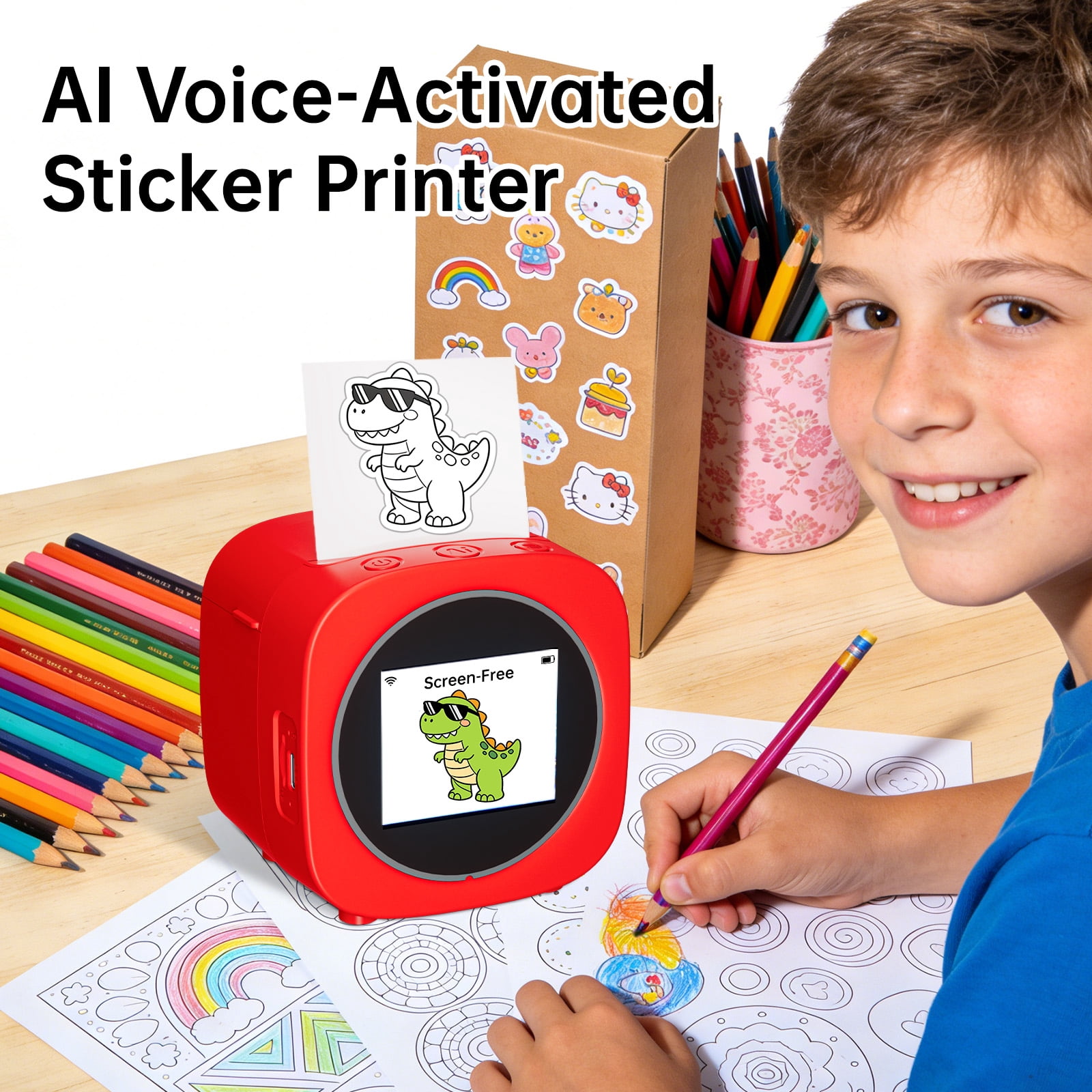 AI Voice-Activated Sticker Printer for Boys And Girls, No Ink, Wireless,Screen-Free Imagination Toy with Safe BPA-Free Paper Rolls,Portable Thermal Mini Inkless Printer