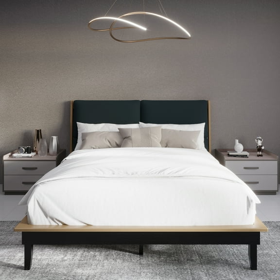 Castle Place Mid-Century Upholstered Headoard Twin Wooden Platform Bed, Antique Oak