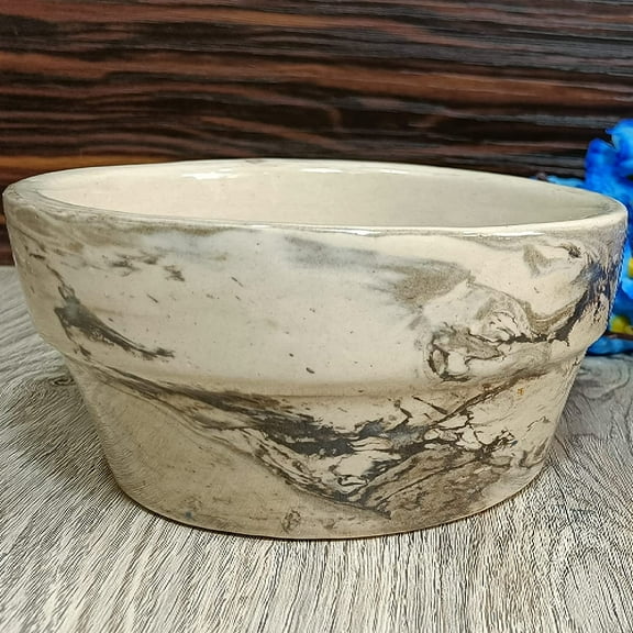 India Meets India Ceramic Planter [Cream w/ Grey Design], Modern Minimalistic Planter for Home Decoration/Living Room/Bedroom/Office/Table/Bookshelf, 7 x 3.5 INCHES