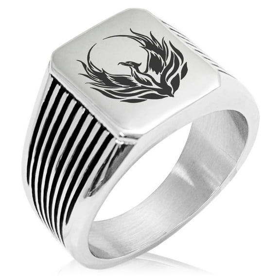 Stainless Steel Greek Mythology Phoenix Needle Stripe Pattern Biker Style Polished Ring