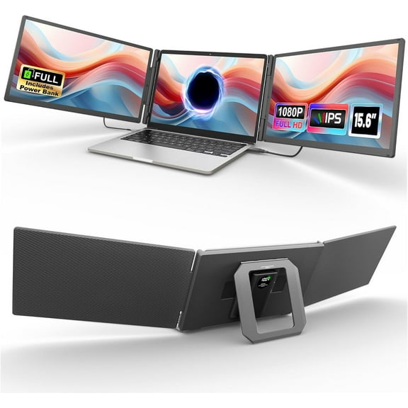 Laptop Screen Extender with Power Bank, 15.6" FHD 1080P Triple Monitor, Driver-Free Plug & Play for 13-17" Laptops, Plug & Play with HDMI/USB-A/TYPE-C/Hub, Compatible with Windows, Mac, Android