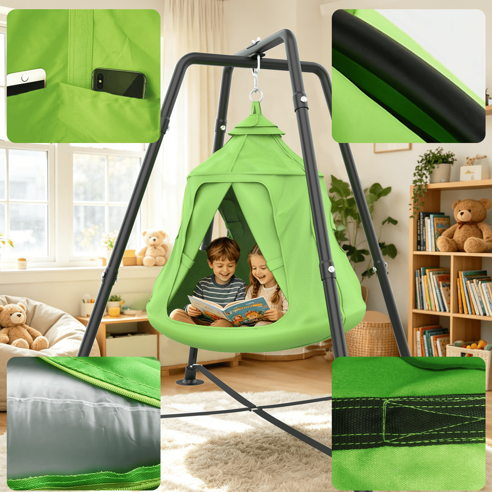 Yacona X-Shaped Swing Set, Sensory Swing with Stand, 330lbs Swing Stand Frame with Play Tent, Hammock Chair for Kids and Adults, Green