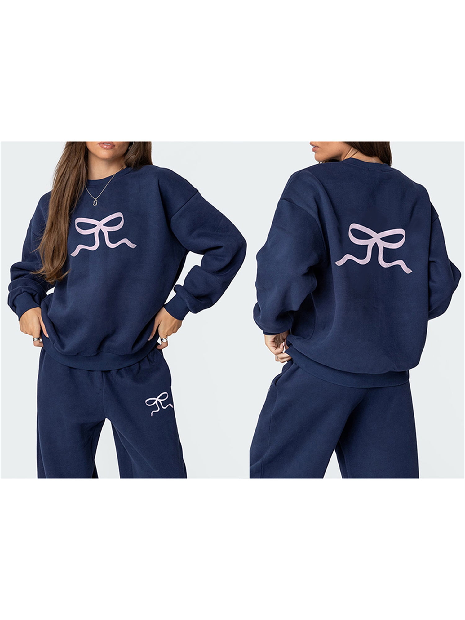 Women's 2-Piece Bow Print Sweatsuit Set - Long Sleeve Crewneck Sweatshirt & Wide Leg Sweatpants