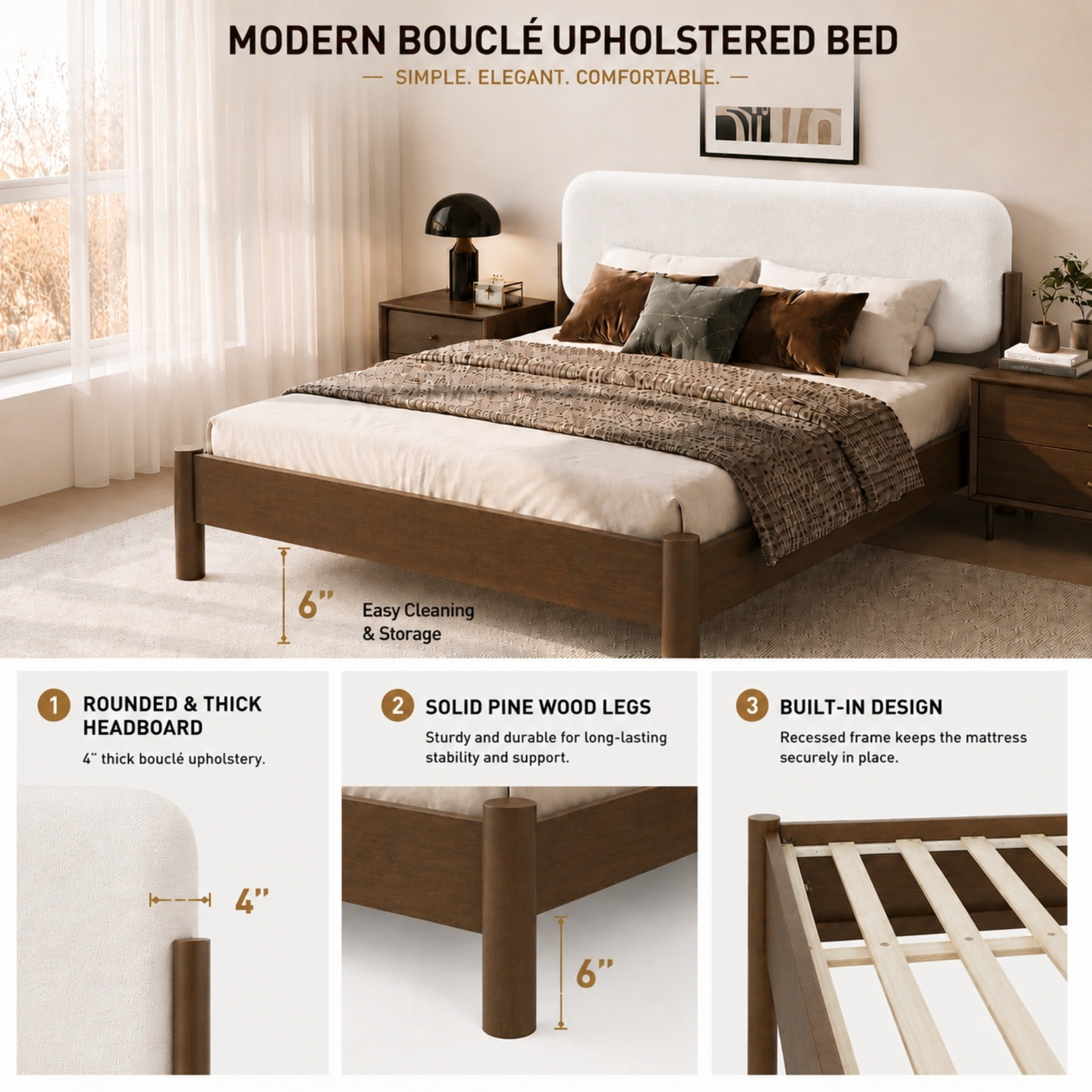 Christopher Knight Home Modern King Platform Bed Frame, Thick Rounded Upholstered Headboard, Walnut