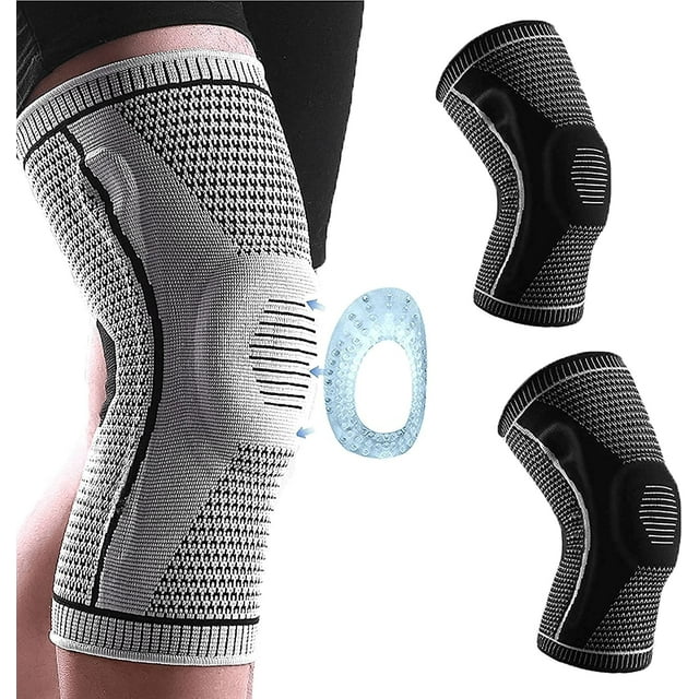 FrostHike 2pcs Knee Compression Sleeve - Professional Knee Brace. Elastic Knee Wraps Patella Stabilizer with Silicone Gel Spring Support. Knee Support Non-slip for Men Women (Black. Large)