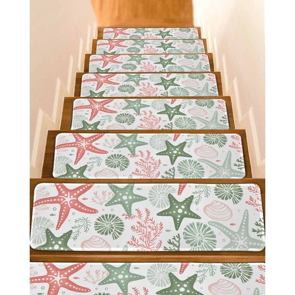 Red Sage Green Starfish Coastal Stair Treads for Wooden Steps Indoor Runner Rug Carpet, Beach Nautical Coral Sea 15 Pieces Peel and Stick Staircase Step Treads Covers Washable Throw Door Mats, 30"x8"