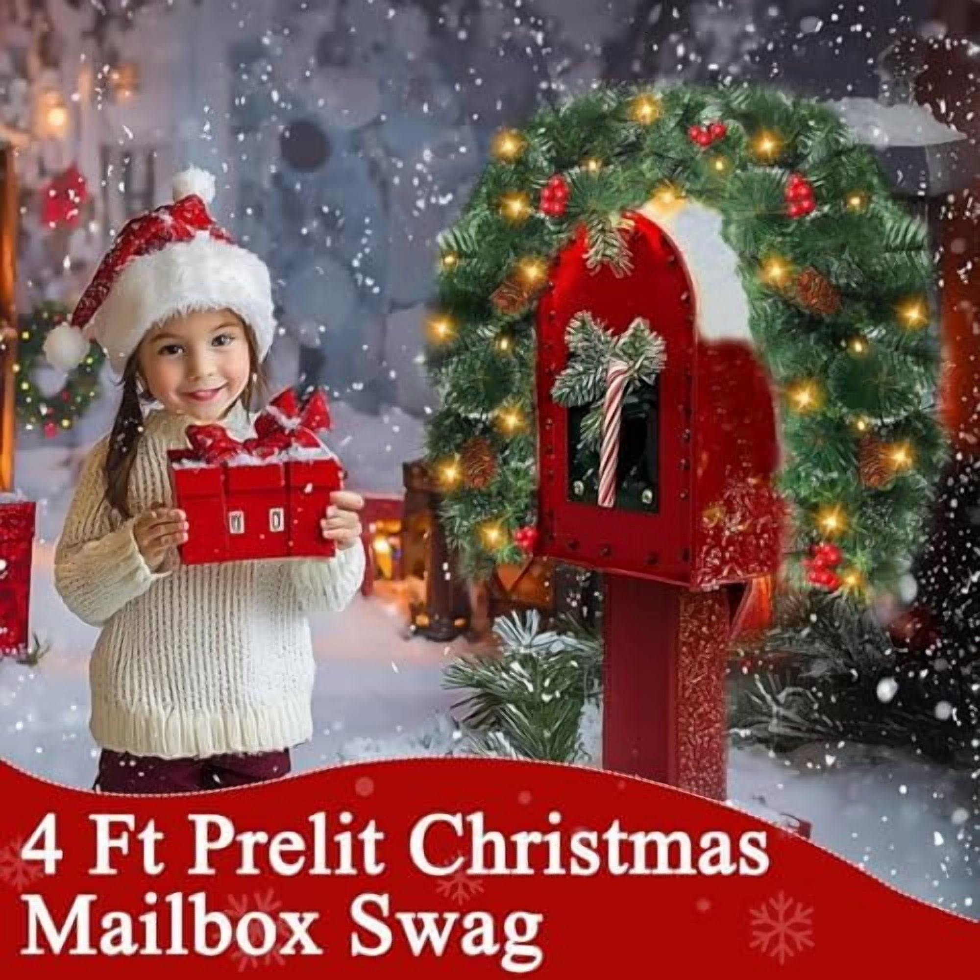 Timer \u0026 Remote ] 4 Ft Prelit Christmas Mailbox Swag Decorations with 30  Warm White \u0026 Colored Change Light Red Berry Pinecone, 8 Modes Battery  Operated Snowy Tip Xmas Mailbox Decor, image size:2000x2000