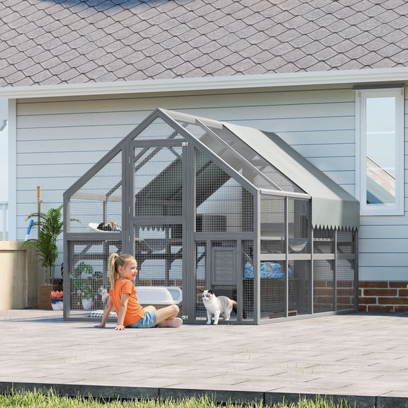 Large Outdoor Cat Enclosure for Multiple Cats with 7 Platforms, 2 Resting Boxes and 2 Bridges, Wooden Feral Cats Shelter with Waterproof and UV Proof Canopy, 110.24x 74.02 x 74.02 inch