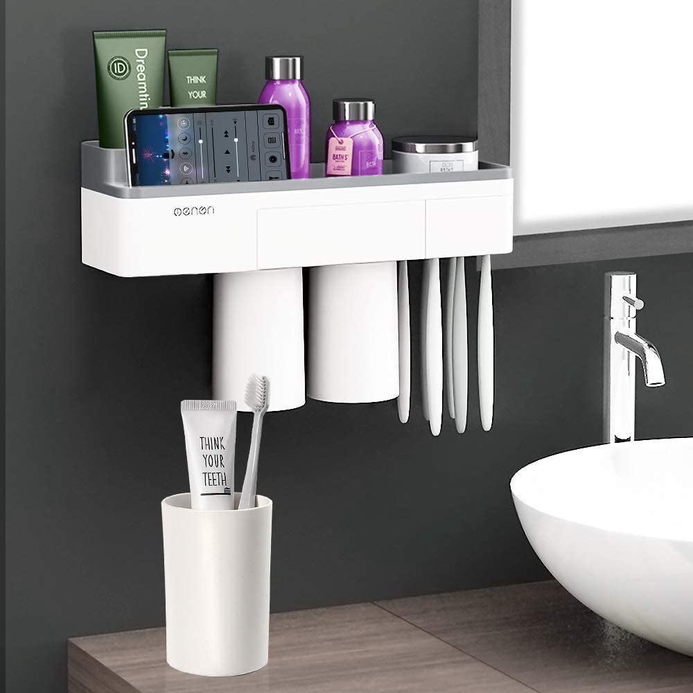 LIANTRAL Toothbrush Holder with Germ Protecting Cover and Multifunctional Bathroom Organizer Suction Pad Wall Mount for Bathroom