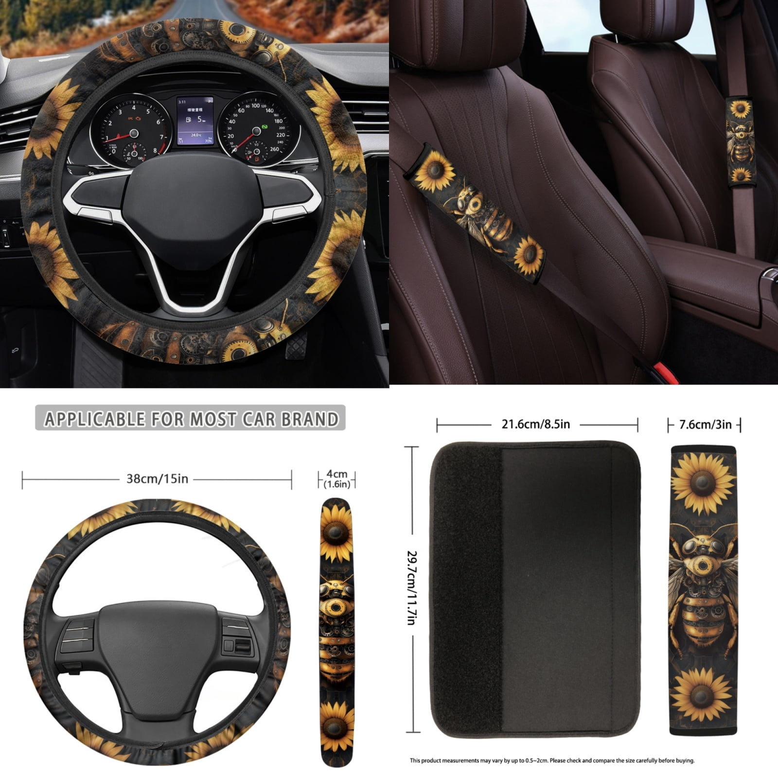 Yuyamidu 15 Pack Bee Car Front Rear Seat Covers Sunflower Car Floor Mats Steering Wheel Cover Seatbelt Cushion Handbrake Cover Shift Gear Knob Cover Coasters