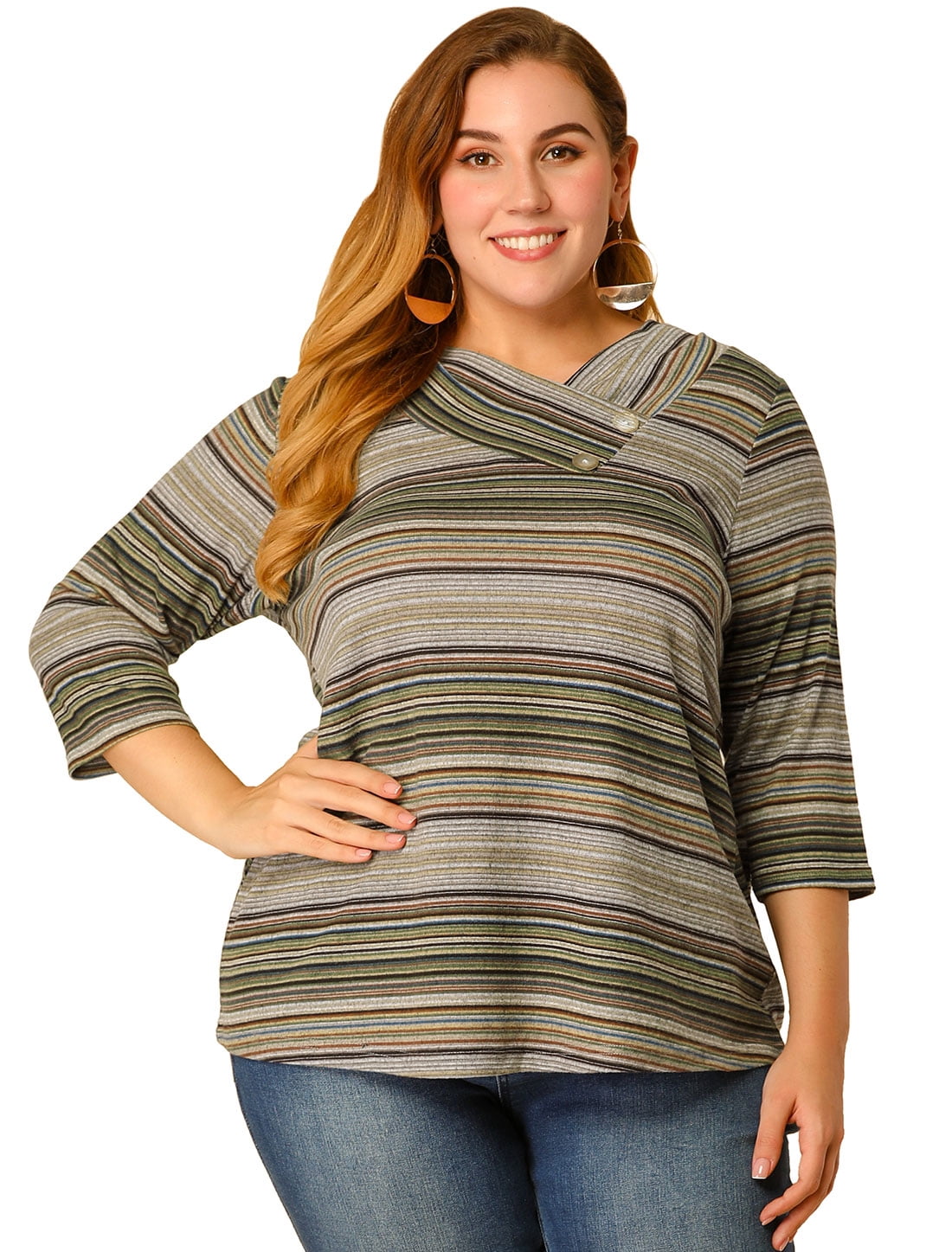 DARING DIVA Women's Plus Tunic Top V Neck Stripe Boho Knit Blouse 5X Green