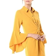 Laundry Collared Button Down Flounce Sleeve Twisted Front Zipper Side Solid Crepe Dress-YELLOW / 8