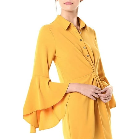 Laundry Collared Button Down Flounce Sleeve Twisted Front Zipper Side Solid Crepe Dress-YELLOW / 8