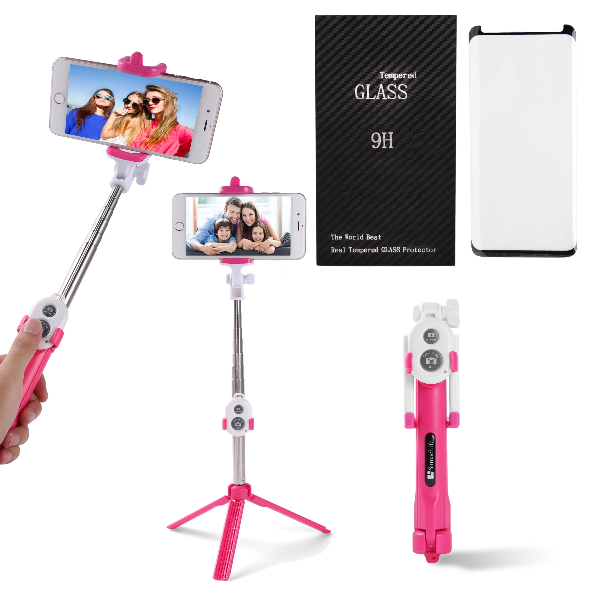 SumacLife Portable Wireless Remote Control Selfie Stick and Mini Tripod with Tempered Glass Screen Protector for Samsung Galaxy S9