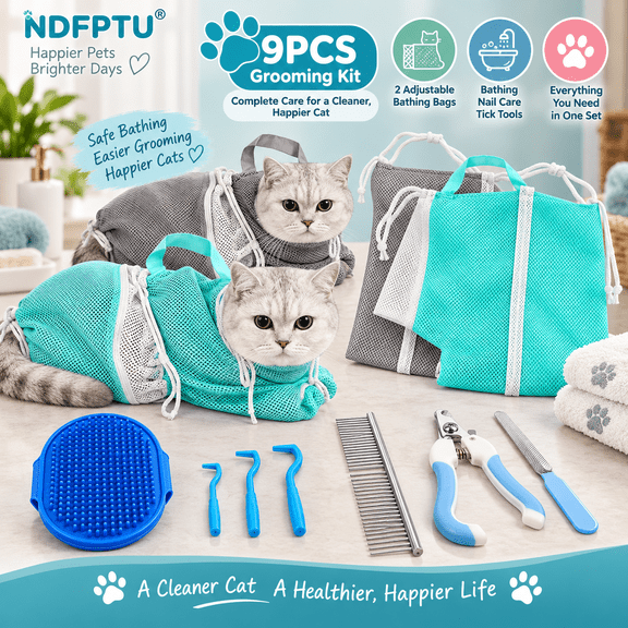 9PCS Cat Bathing Bag Grooming Kit with 2 Adjustable Mesh Cat Washing Shower Bags Pet Bath Brush Metal Comb Nail Clipper Nail File 3 Tick Tools