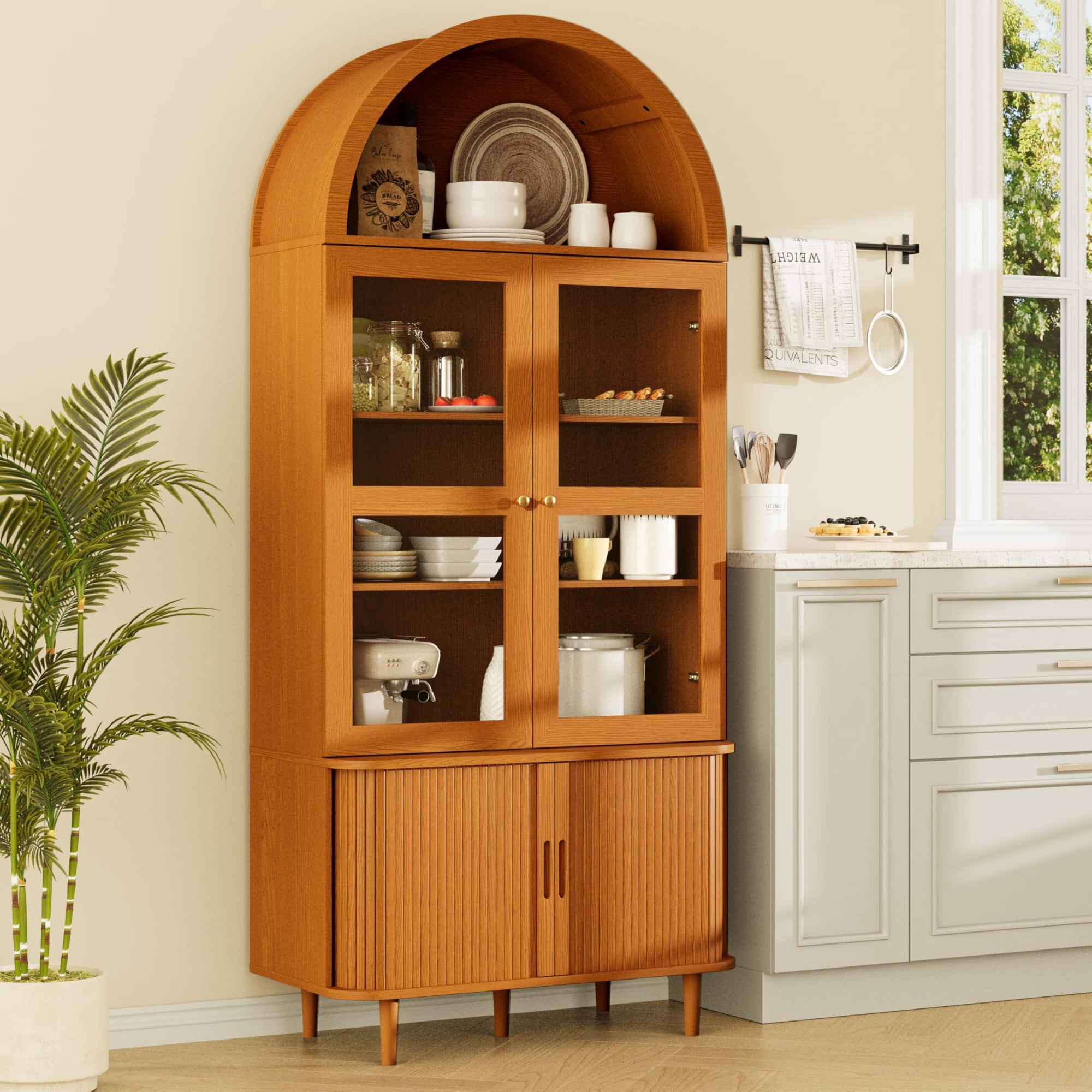 71 Inch Arched Cabinet with Glass Sliding Doors, Fluted Tall Pantry Cabinet with Adjustable Shelves, Yellow