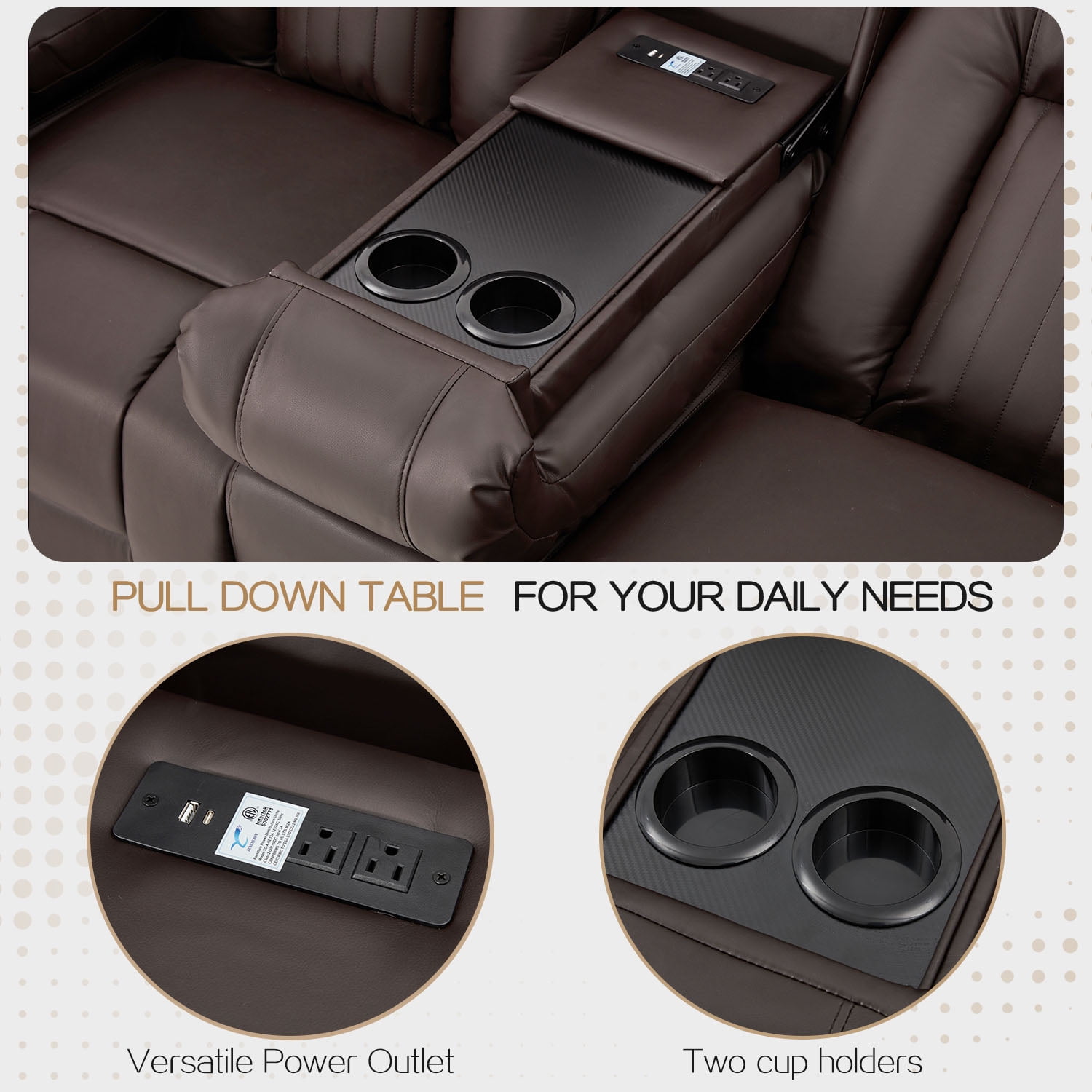 AECOJOY Reclining Sofa with Console&Bluetooth Speakers, Manual RV Recliner Couch with USB Ports&4 Cup Holders, 2 Side Pockets Recliners on Clearance Home Theater Seating, Fuax Leather, Brown