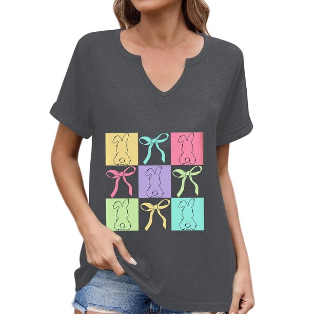 Corto para las Mujeres Casual Verano 2025 Pascua Impresión V-Cuello Camiseta, Ligero 95% Poliéster 5% Spandex Top para Toda la Temporada Hogar Y Diario