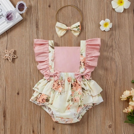

XMMSWDLA Toddler Girl Clothes Baby Girls Fashion Cute Flowers Print Ruffles Short Sleeve Romper Bow Bodysuit Jumpsuit Suit Deals Clearance