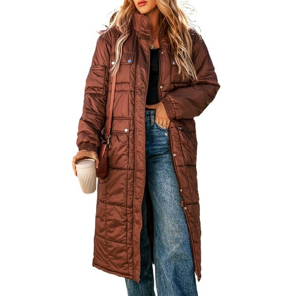 Women's Coffee Quilted Puffer Mid-length Stand Neck Coat | [ZhiHiMeRi] | (US 12-14)L