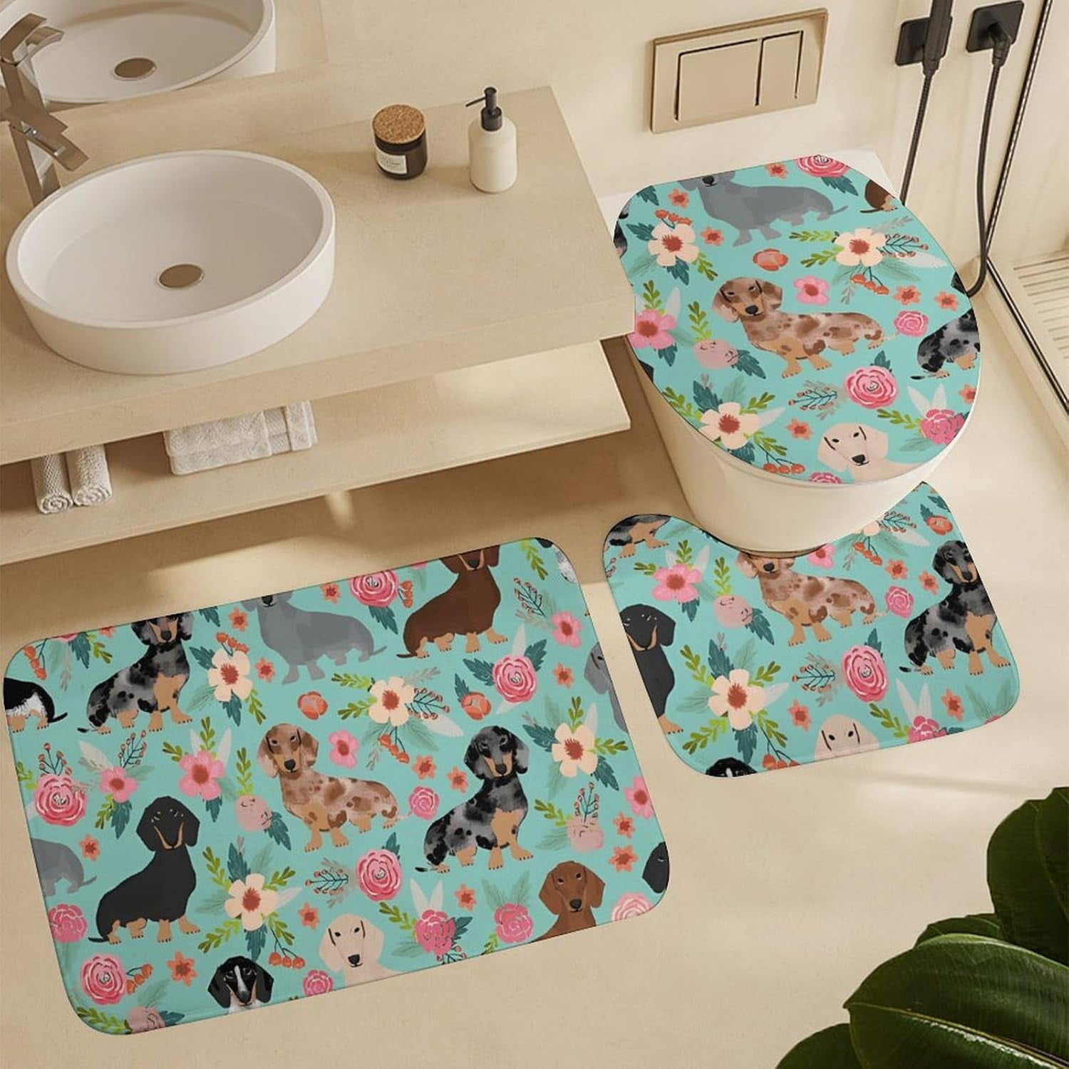 Bathroom Set,Dachshund Print Bathroom Rug Set,Bath Rug Set 4 Piece,Modern Shower Curtain Set with Shower Curtainand 12 Hooks