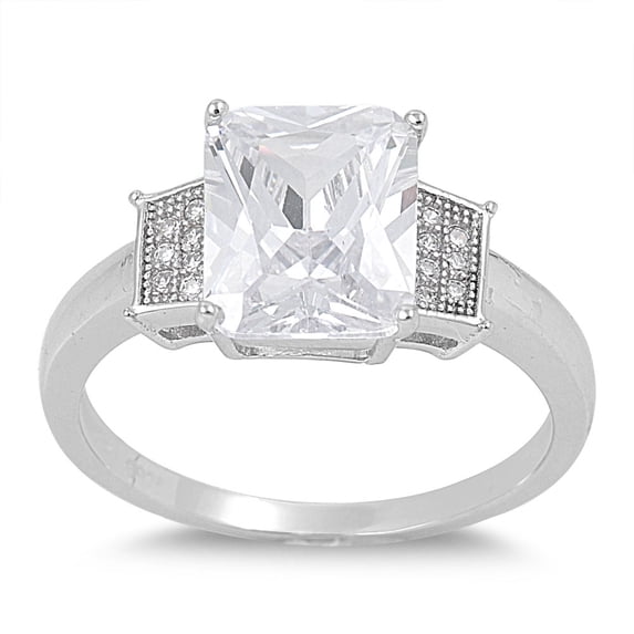 Rectangular Center Engagement Ring Cubic Zirconia Sterling Silver 925