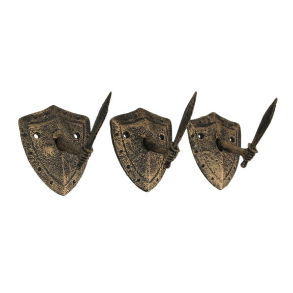 Zeckos Gold Cast Iron Sword & Shield Decorative Wall Hooks (Set of 3)