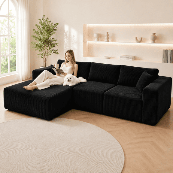 Deep Seat Modular Sectional Sofa with Chaise Lounge, Oversized L-Shaped Corduroy Couch, No Assembly Boneless Upholstered Sofa for Living Room, Apartment, Black