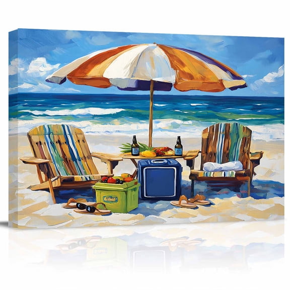 Summer Vacation Canvas Print Wall Art Ocean Beach Wood Sun Umbrella Pictures Painting Morden Artwork for Living Room Bedroom, Ready to Hang - 12"x16"